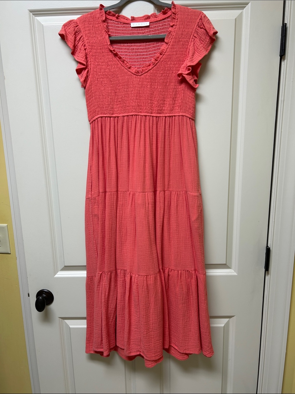 Karlie Coral Knit Smocked Tank with Ruffle Trim